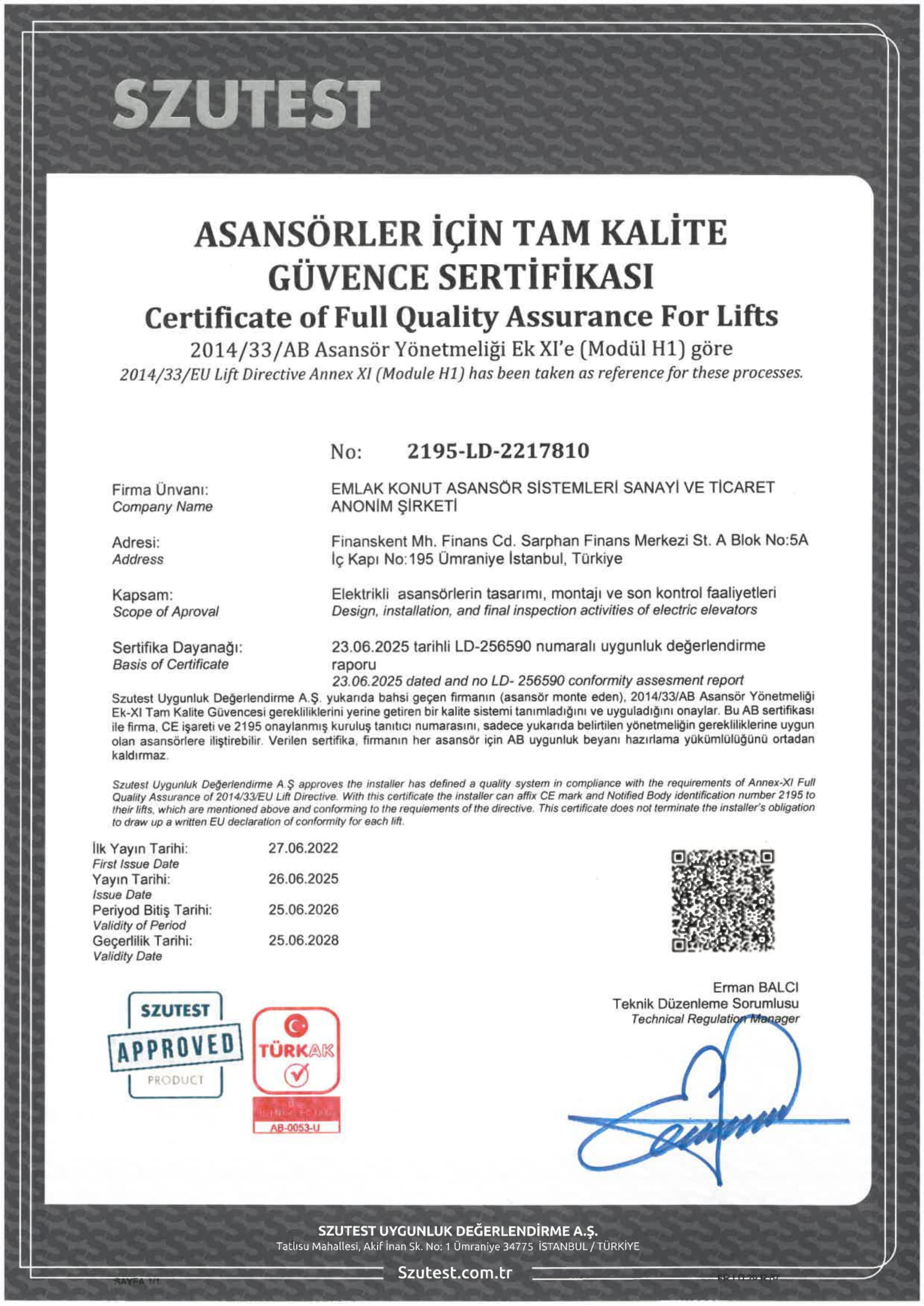 Modül H1 CE Asansörler için Tam Kalite Güvence Sertifikası