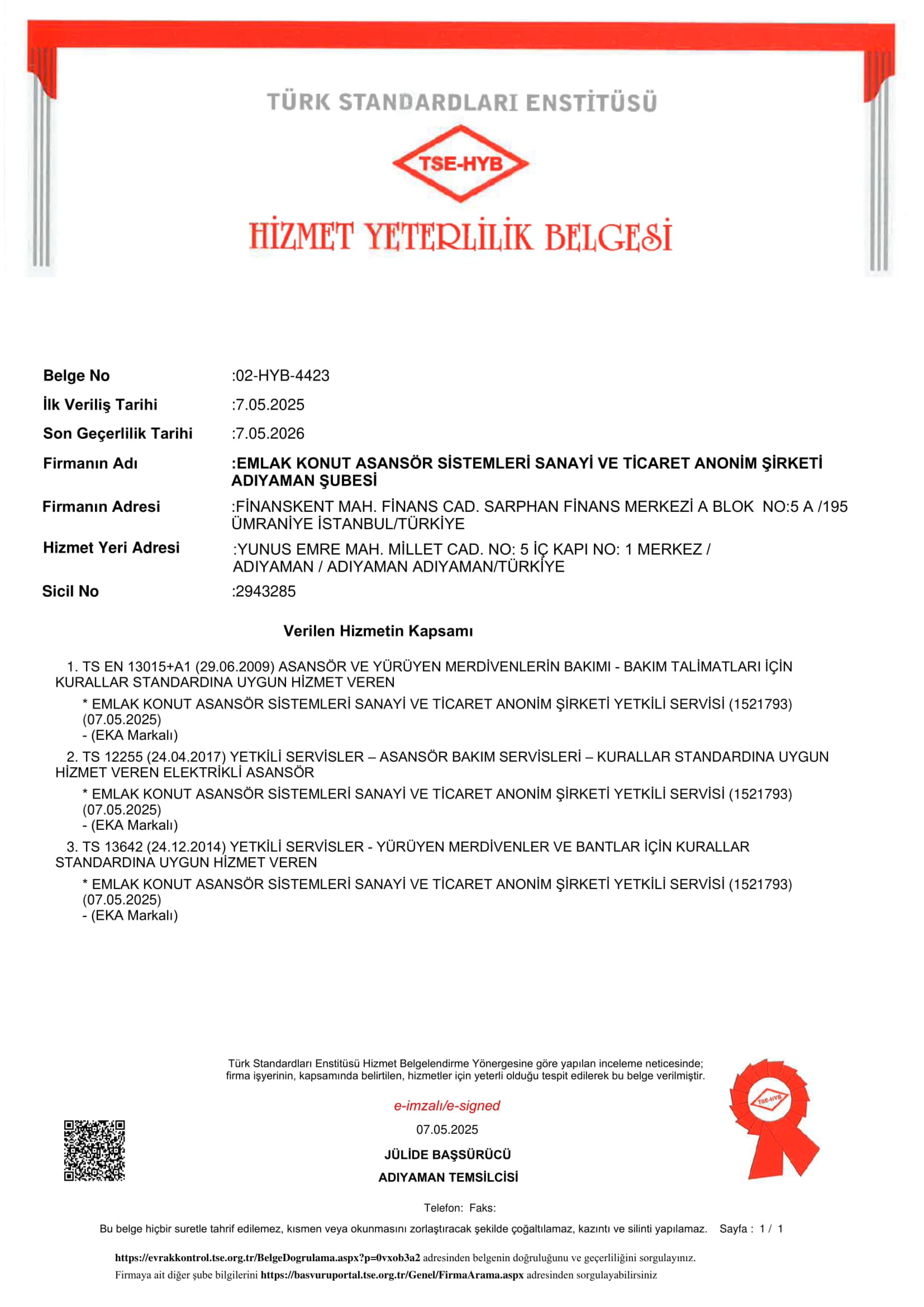 TSE Hizmet Yeterlilik Belgesi - Adıyaman Şubesi